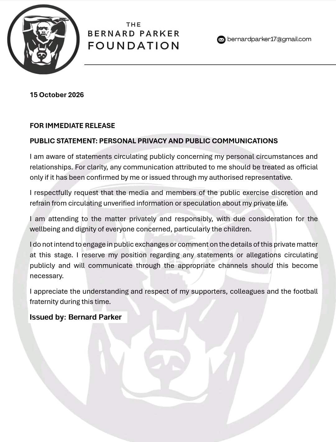 Bernard Parker asks for privacy after Robert Marawa says breakup post wasn't shared by him