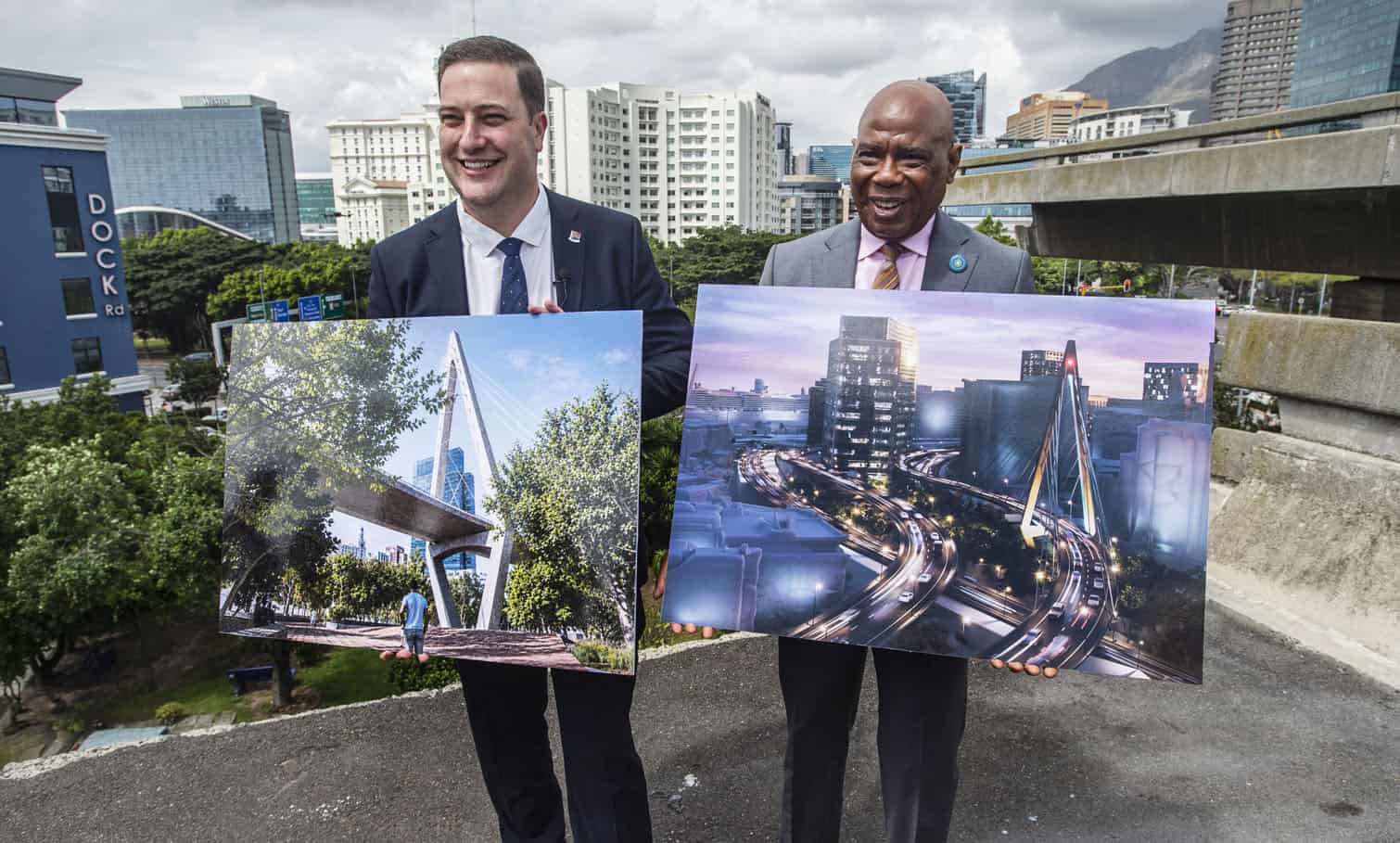 Mayor Geordin Hill-Lewis and Manager of Cape Town Lungelo Mbandazayo at the unveiling of proposals for the completion of the Foreshore Freeway Bridge on October 02, 2026 in Cape Town, South Africa. The City of Cape Town is advancing plans to finish the long-standing bridge to nowhere that has stood incomplete since 1977. (Photo by Gallo Images/Brenton Geach)