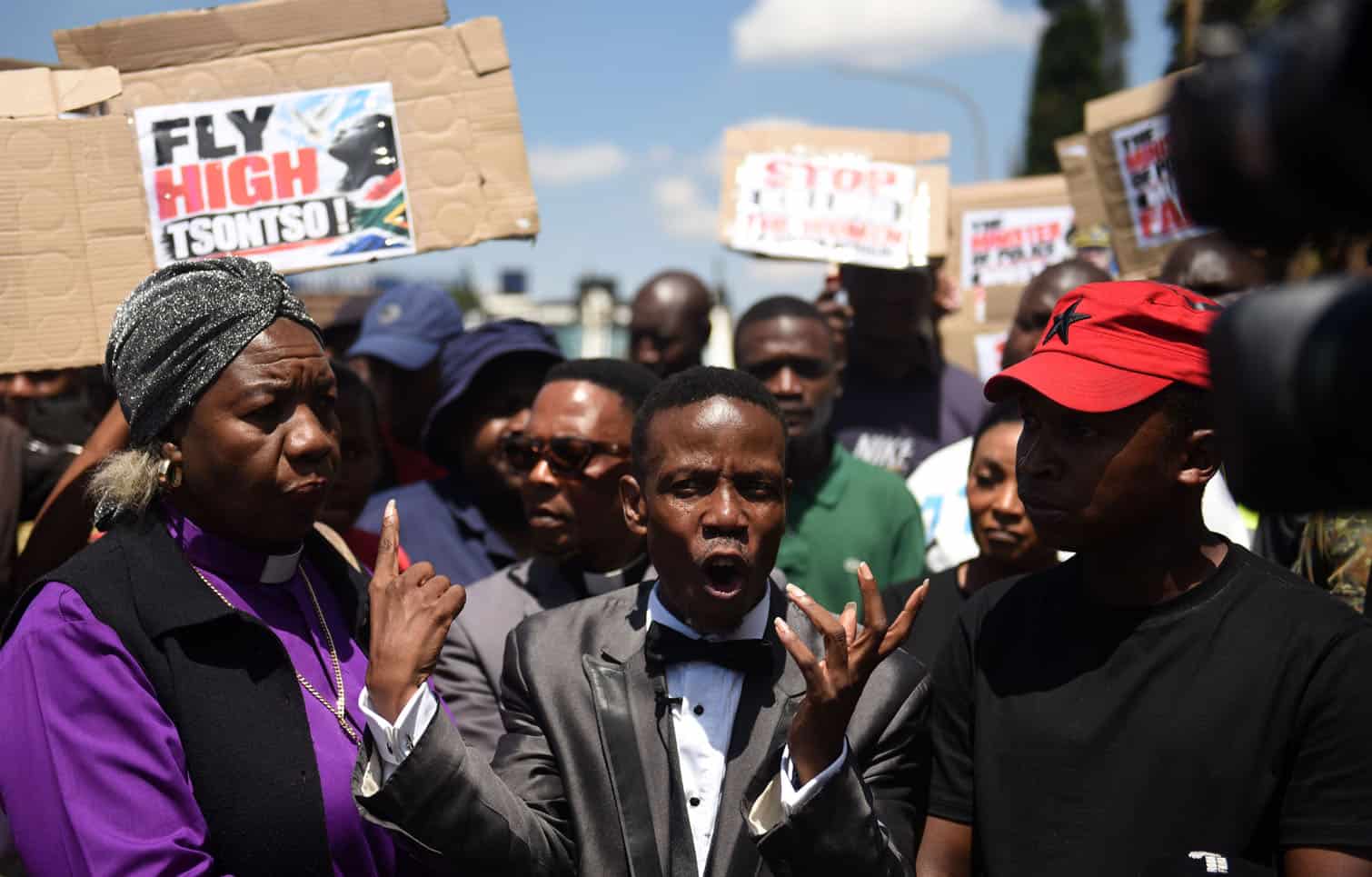 Controversial South African televangelist and Incredible Happenings Ministries leader Pastor Mboro joins residents and religious leaders outside the Kempton Park Police Station in Ekurhuleni, 3 October 2026, to protest against gender-based violence and femicide following the murders of 12 women in the area. Picture: Nigel Sibanda/The Citizen