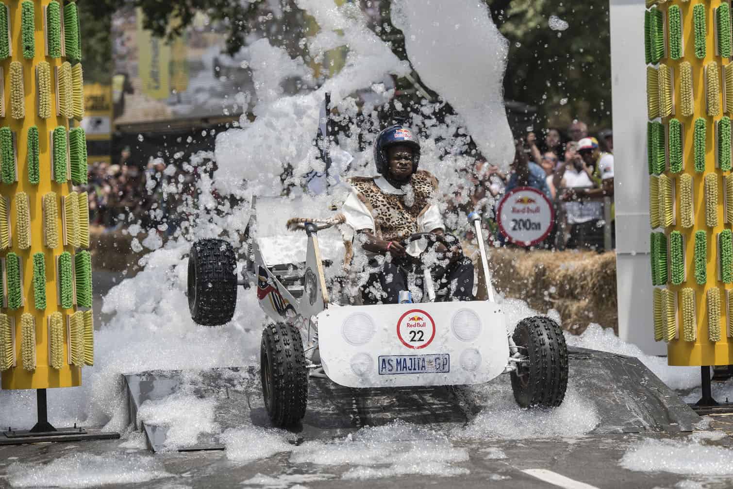 Team As Majita compete in the Red Bull Box Cart Race, 4 October 2026, in Sandton, Johannesburg. The event sees teams design and build their own homemade, gravity-powered carts before racing them down a course featuring obstacles, ramps and challenging turns. Judging also takes into account the creativity of the carts and the teams' performances. Picture: Michel Bega/The Citizen